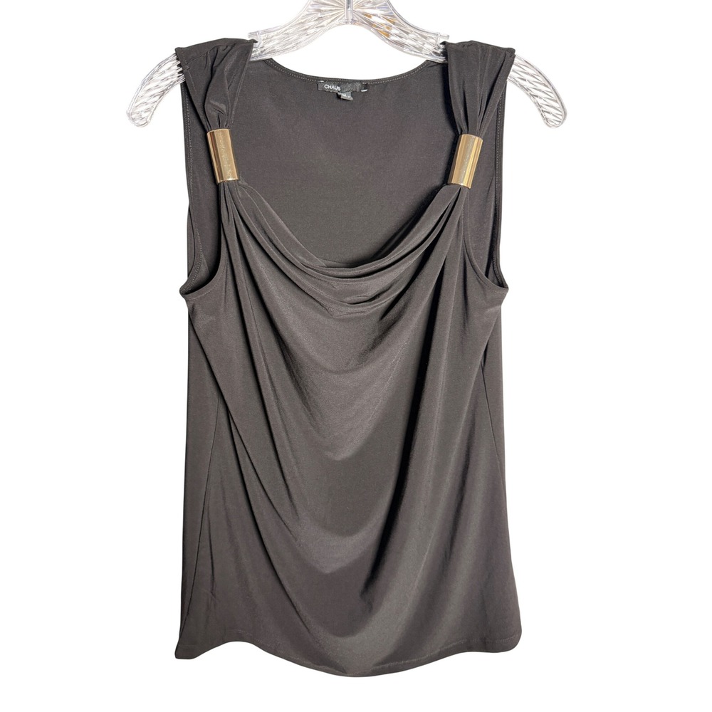 Chaus Cowl Neck Blouse Women Medium Black Polyester‎ Gold Hardware Sleeveless
